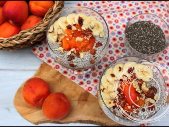Chia pudding noisette et abricots. Sans lactose.
