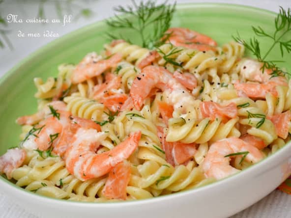 Spirelli aux crevettes et saumon fumé, crème à l'aneth