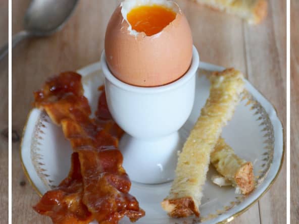 Oeufs à la coque et mouillettes de bacon au sirop d'érable