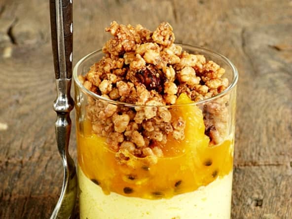 Verrine "Cheesecake", Grenadilles, Oranges, Croustillant praliné