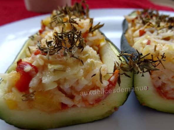 Courgettes farcies au chorizo, chèvre et riz
