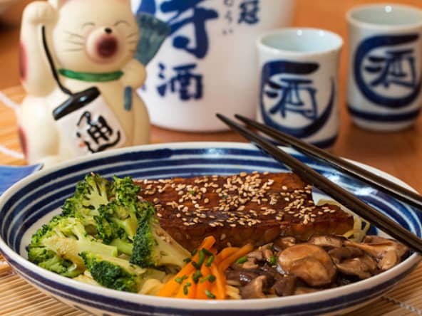 Tempeh caramélisé à la sauce Teriyaki, brocolis et shiitakés