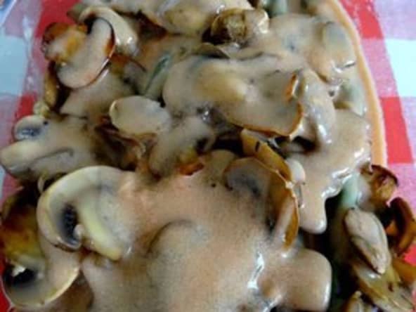 Jambon poêlé aux champignons et asperges sauce au vin blanc