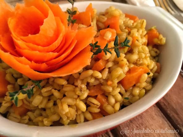 Risotto d’orge au potiron, carotte, curcuma et thym