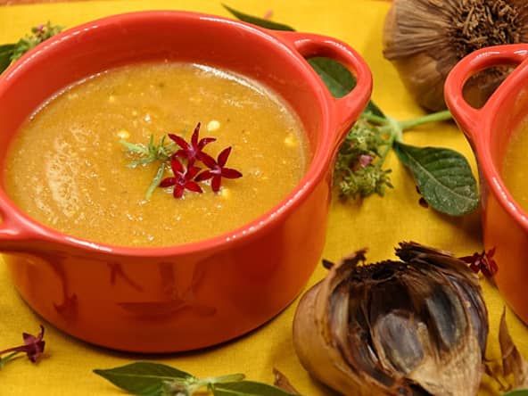 Velouté Courge, Ail noir, Chèvre et Estragon