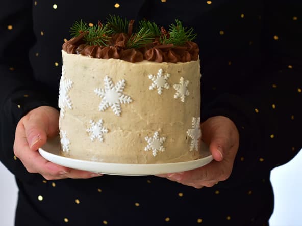 Layer cake au chocolat, poire et crème de marron