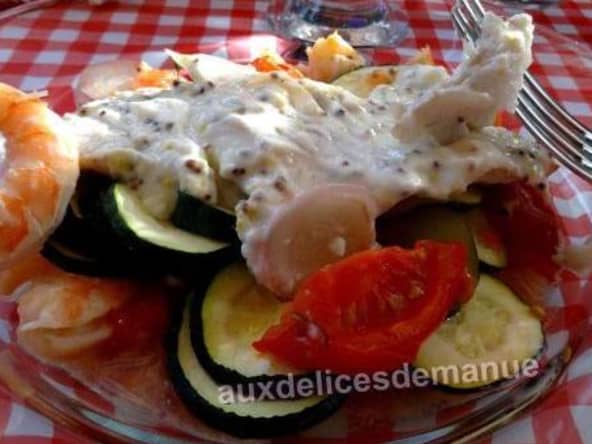 Filets de merlan à la crème moutardée et légumes au four