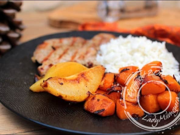 Escalopes de porc et sa poêlée sucrée salée de poire et de courge musquée
