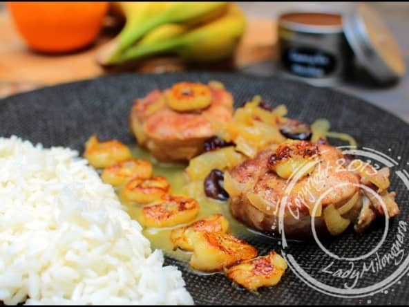 Filet mignon à la cannelle et fruits d’hiver, orange, banane et raisins secs