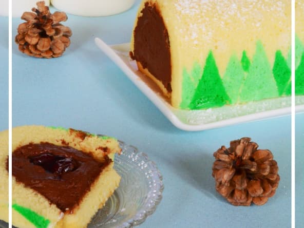 Bûche à décor saveur chocolat noir griottes