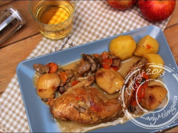 Lapin à la normande, cidre, pomme, crème fraîche et champignons