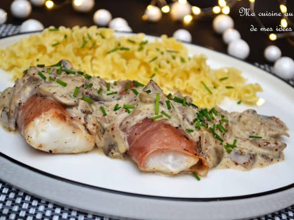 Dos d'églefin au jambon de Bayonne, sauce aux champignons de Paris et moutarde à l'ancienne (et lasagnettes)