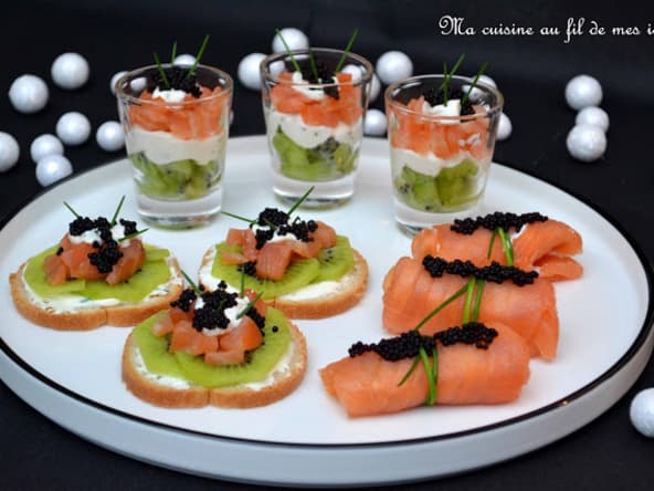 Trio de verrines, toasts et nems au saumon fumé et kiwi