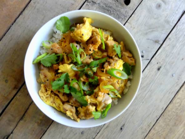 Oyakodon : un bol de riz, poulet, œuf