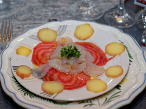 Carpaccio de St Jacques aux pommes de terre et betteraves chioggia