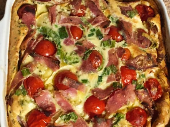 Clafoutis au chèvre, poivrons, jambon, tomates