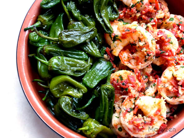 Crevettes au chorizo et pimientos del padrón