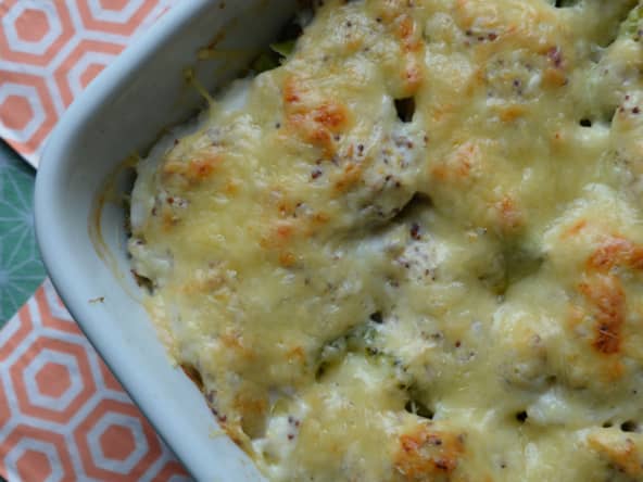 Gratin au brocoli et au cabillaud, sauce moutardée