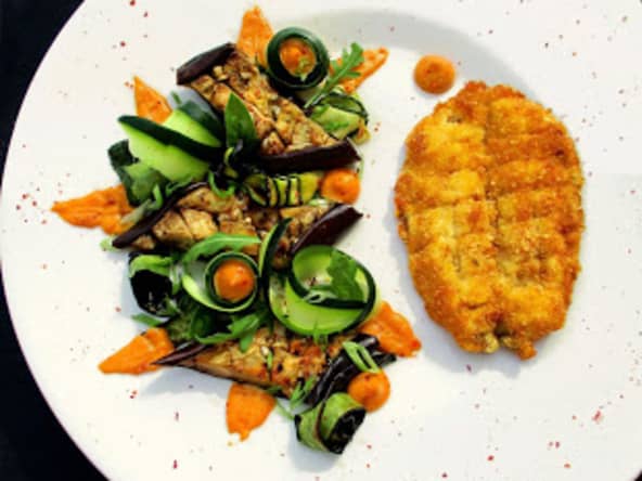 Sardine à la milanaise accompagnée de légumes d’été et de rouille