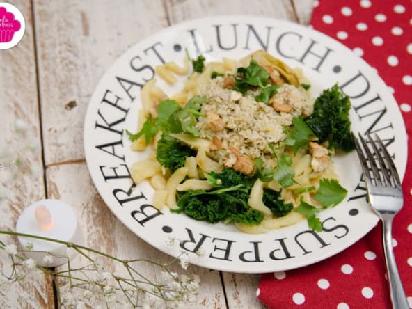 Spätzle au caviar de cœurs d'artichauts et chou kale 