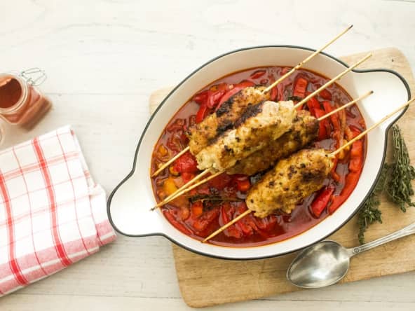 Brochettes de kefta de veau, fondue de poivron au paprika