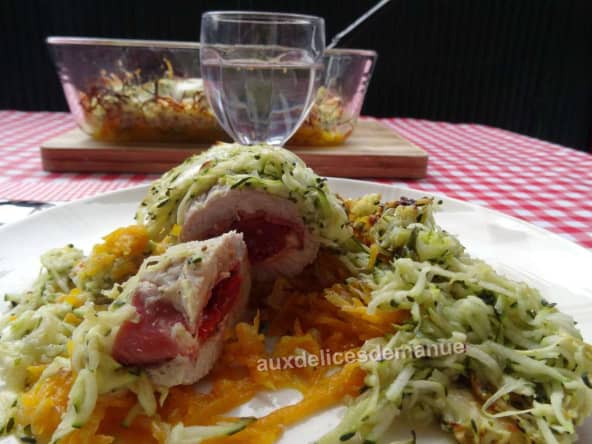 Roulés de veau farcis au jambon, mozzarella, tomates confites et râpé de légumes