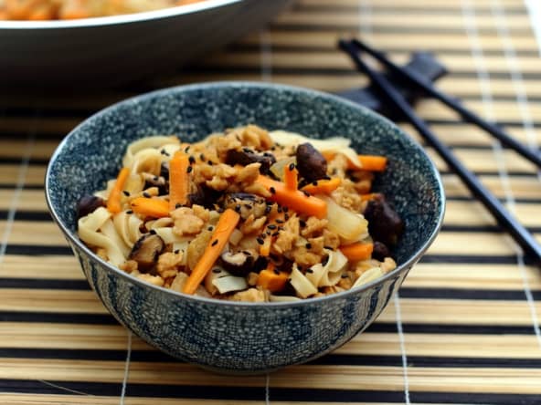 Wok de nouilles aux protéines de soja, shiitaké et carotte