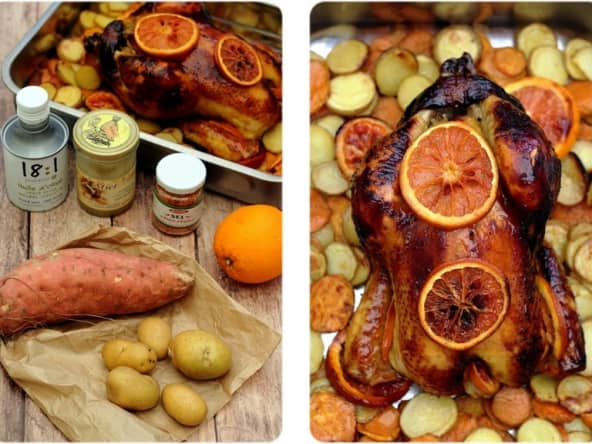 Poulet au four au miel et orange, duo de pommes de terre rôties