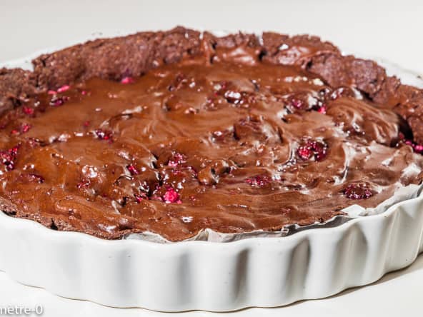 Tarte fondante aux framboises et au chocolat, farine de seigle