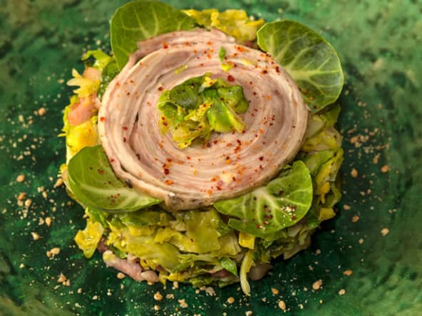 Fricassée de choux de Bruxelles à l'andouille de Guéméné