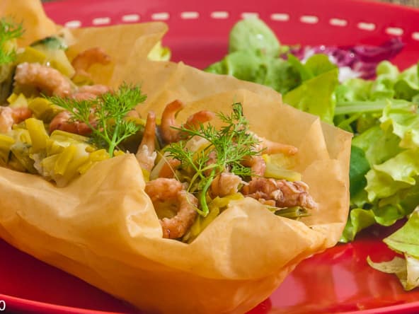 Barquette de poireaux au curry et aux crevettes grises