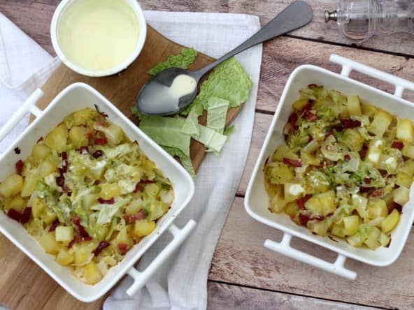 Gratin de pommes de terre et chou au bacon et cancoillotte