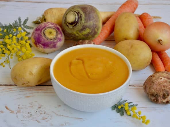 Velouté de légumes anciens : topinambour, rutabaga, panais