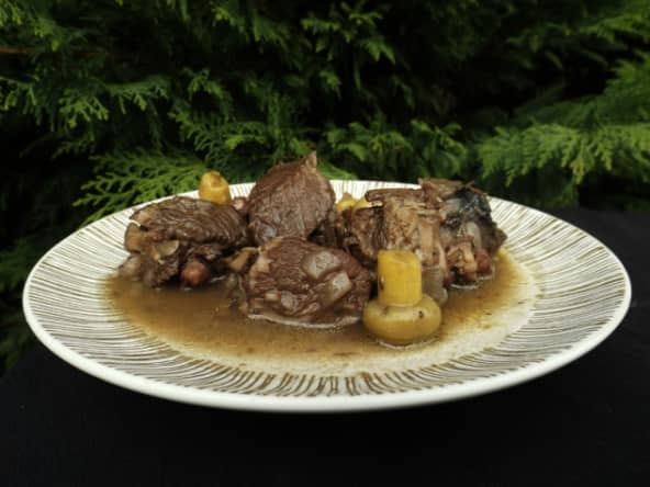 Boeuf bourguignon classique : vin rouge de Bourgogne, champignons, petits oignons et lardons