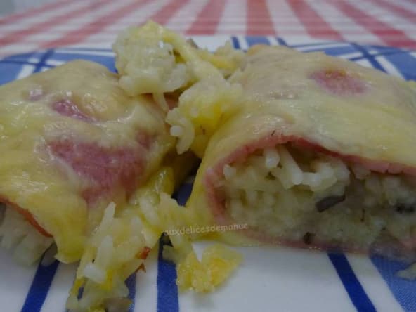 Roulés de jambon au riz cuisiné, gratinés