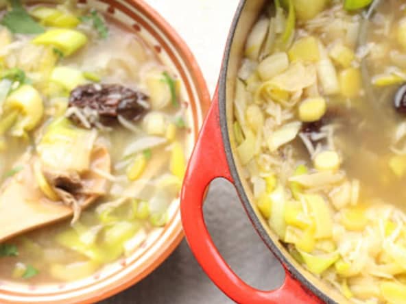 Cock-a-leekie, soupe écossaise aux poireaux et aux restes de poulet rôti