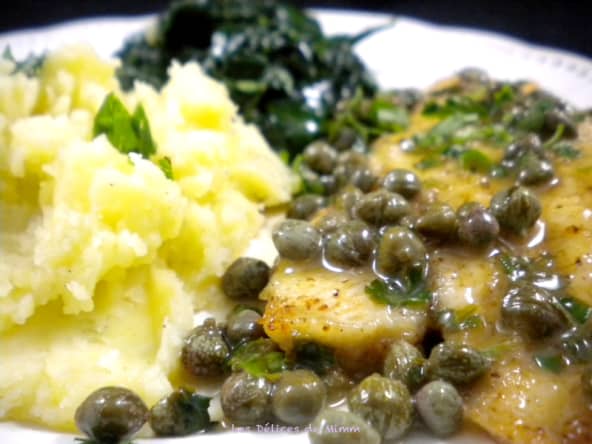 Filets de plies au citron et aux câpres, épinards et purée de pommes de terre
