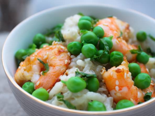 Risotto printanier facile aux petits pois et crevettes
