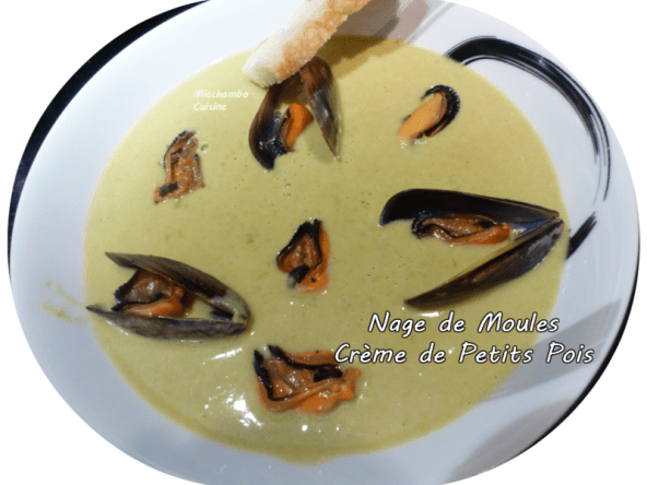 Nage de moules, crème de petits pois
