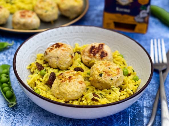 Boulettes de poulet korma et riz indien au lait de coco
