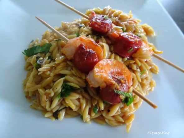 Orzo, crevettes et chorizo