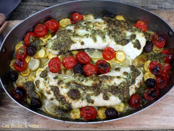 Merlu aux courgettes, tomates cerises et pesto