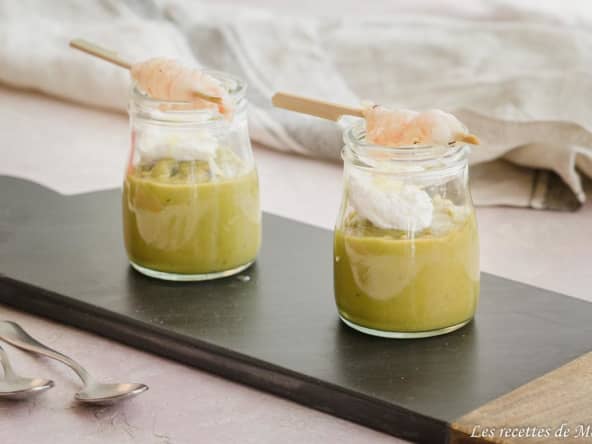 Crème de petits pois, ricotta et langoustines