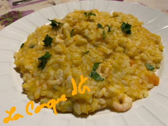 Risotto courge rouge de Sicile et crevettes parfumé au safran