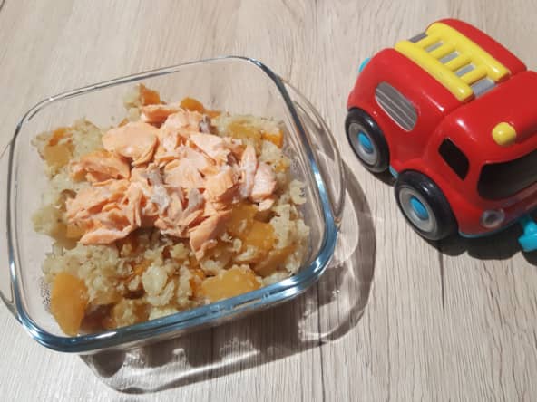 Petit pot chou fleur, rutabaga, carotte, cumin et saumon 