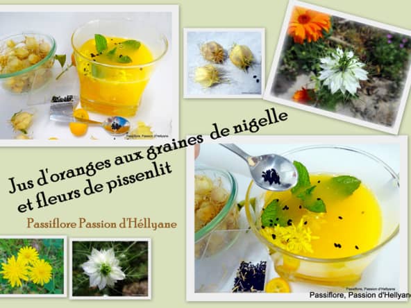 Bienfait des graines de nigelle dans un jus d'agrumes avec des fleurs de pissenlits