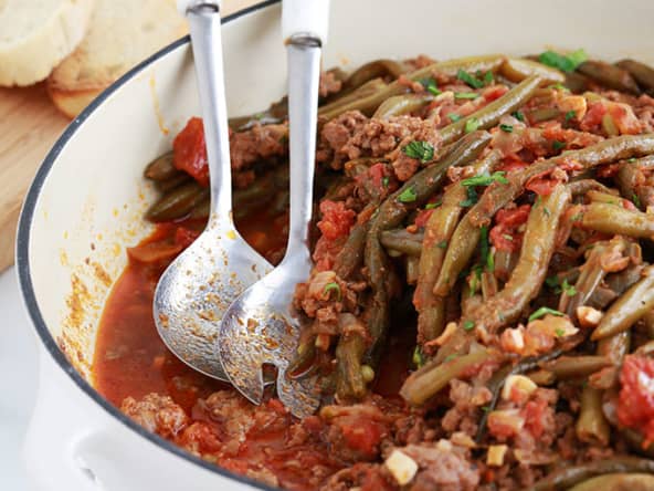 Haricots verts, viande hachée, tomate