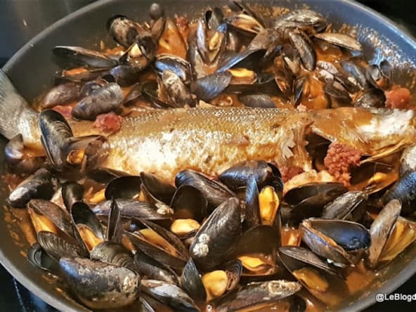 Bar frais aux moules, chorizo et suprême de langoustines