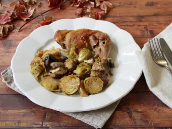 Pintade aux champignons et choux de Bruxelles