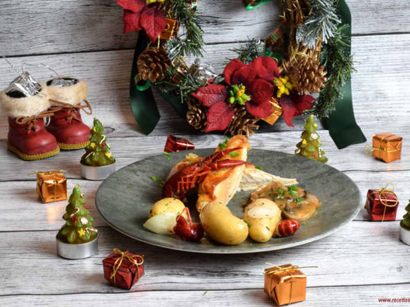 Chapon aux écrevisses, sauce aux champignons pour les fêtes